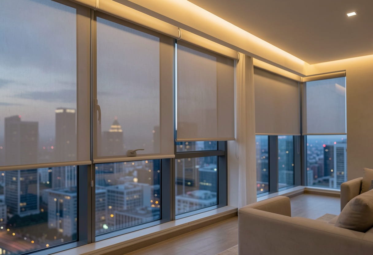 Luxury penthouse with city view and automated lighting scene